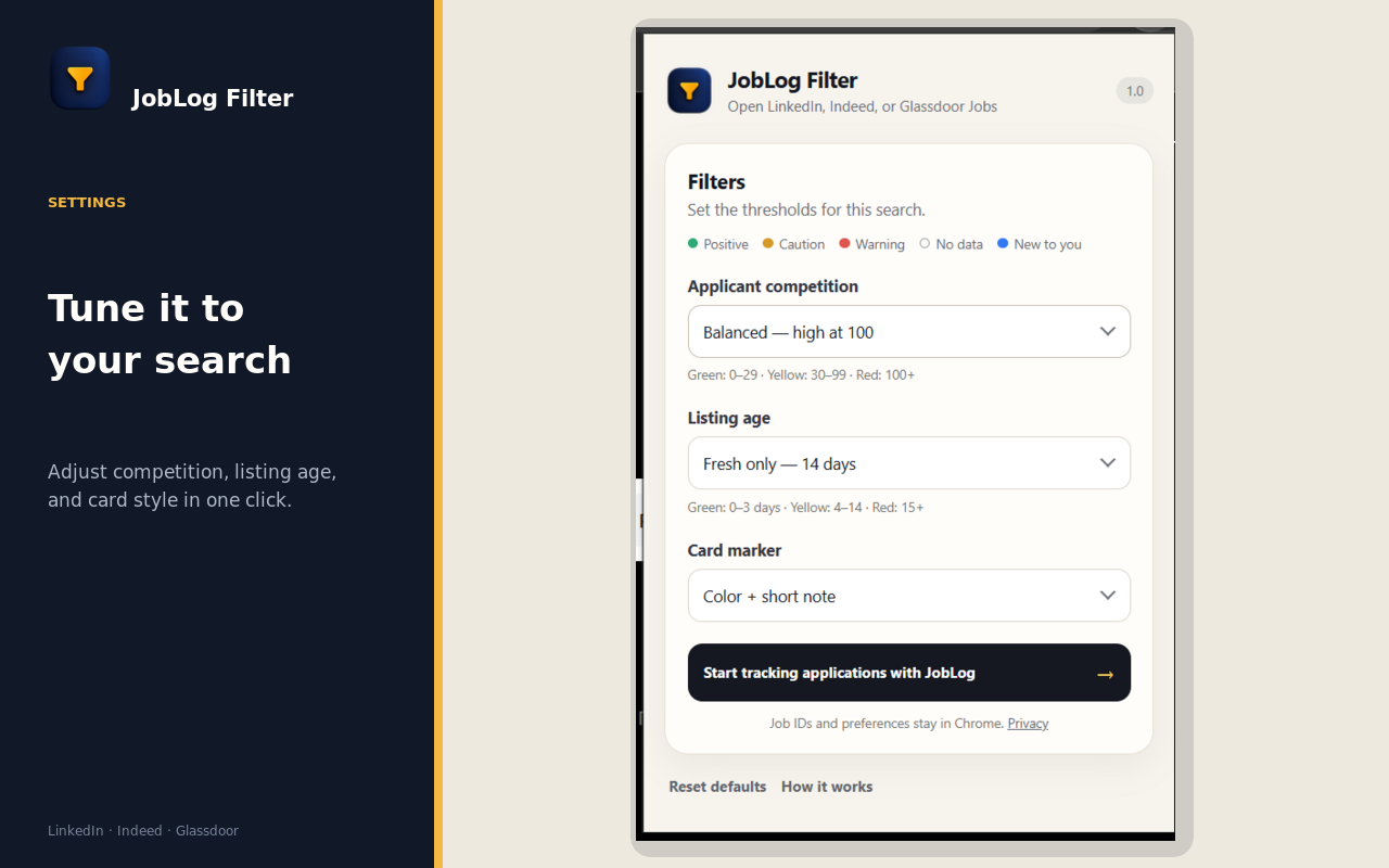 JobLog Filter popup with applicant competition, listing age, and marker settings