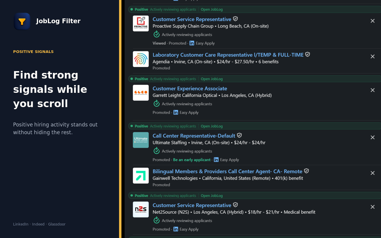 JobLog Filter showing positive signals beside LinkedIn job listings